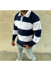 Erkek Polo Yaka Uzun Kollu Çizgili Sweatshirt Trend Rugby Stil - Lacivert