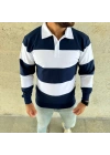 Erkek Polo Yaka Uzun Kollu Çizgili Sweatshirt Trend Rugby Stil - Lacivert