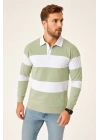 Erkek Polo Yaka Uzun Kollu Çizgili Sweatshirt Trend Rugby Stil - Mint Yeşili
