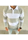 Erkek Polo Yaka Uzun Kollu Çizgili Sweatshirt Trend Rugby Stil - Mint Yeşili
