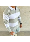 Erkek Polo Yaka Uzun Kollu Çizgili Sweatshirt Trend Rugby Stil - Mint Yeşili