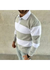 Erkek Polo Yaka Uzun Kollu Çizgili Sweatshirt Trend Rugby Stil - Mint Yeşili