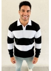 Erkek Polo Yaka Uzun Kollu Çizgili Sweatshirt Trend Rugby Stil - Siyah