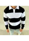 Erkek Polo Yaka Uzun Kollu Çizgili Sweatshirt Trend Rugby Stil - Siyah