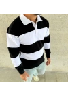 Erkek Polo Yaka Uzun Kollu Çizgili Sweatshirt Trend Rugby Stil - Siyah