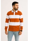 Erkek Polo Yaka Uzun Kollu Çizgili Sweatshirt Trend Rugby Stil - Turuncu