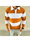 Erkek Polo Yaka Uzun Kollu Çizgili Sweatshirt Trend Rugby Stil - Turuncu