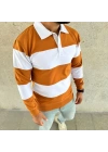 Erkek Polo Yaka Uzun Kollu Çizgili Sweatshirt Trend Rugby Stil - Turuncu