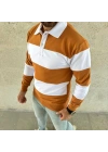 Erkek Polo Yaka Uzun Kollu Çizgili Sweatshirt Trend Rugby Stil - Turuncu