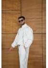 Erkek Premium Parçalı Eşofman Takım - Dik Yaka Fermuarlı Biyeli Sweatshirt Lastik Paça Alt, Oversize 3 Iplik Şardonlu - Beyaz