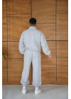 Erkek Premium Parçalı Eşofman Takım - Dik Yaka Fermuarlı Biyeli Sweatshirt Lastik Paça Alt, Oversize 3 Iplik Şardonlu - Gri