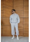 Erkek Premium Parçalı Eşofman Takım - Dik Yaka Fermuarlı Biyeli Sweatshirt Lastik Paça Alt, Oversize 3 Iplik Şardonlu - Gri