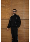 Erkek Premium Parçalı Eşofman Takım - Dik Yaka Fermuarlı Biyeli Sweatshirt Lastik Paça Alt, Oversize 3 Iplik Şardonlu - Siyah