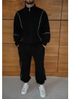 Erkek Premium Parçalı Eşofman Takım - Dik Yaka Fermuarlı Biyeli Sweatshirt Lastik Paça Alt, Oversize 3 Iplik Şardonlu - Siyah