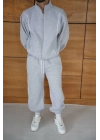 Erkek Premium Parçalı Eşofman Takım - Dik Yaka Fermuarlı Biyeli Sweatshirt Lastik Paça Alt, Oversize 3 Iplik Şardonlu - Gri