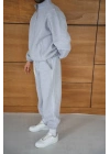Erkek Premium Parçalı Eşofman Takım - Dik Yaka Fermuarlı Biyeli Sweatshirt Lastik Paça Alt, Oversize 3 Iplik Şardonlu - Gri
