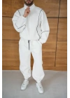 Erkek Premium Parçalı Eşofman Takım - Dik Yaka Fermuarlı Biyeli Sweatshirt Lastik Paça Alt, Oversize 3 Iplik Şardonlu - Beyaz
