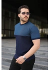 Erkek Renk Bloklu Bisiklet Yaka Kısa Kollu Triko Tişört