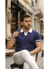 Erkek Renkli Yakalı File Desenli Kısa Kollu Tişört