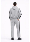 Erkek Şeritli Eşofman Takım Kapüşonlu Sweatshirt Boru Paça Alt, Oversize 3 Iplik Pamuklu - Gri