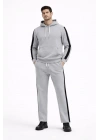 Erkek Şeritli Eşofman Takım Kapüşonlu Sweatshirt Boru Paça Alt, Oversize 3 Iplik Pamuklu - Gri