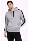 Erkek Şeritli Kapüşonlu Sweatshirt Oversize 3 Iplik Pamuklu - Gri
