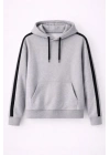 Erkek Şeritli Kapüşonlu Sweatshirt Oversize 3 Iplik Pamuklu - Gri