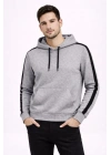 Erkek Şeritli Kapüşonlu Sweatshirt Oversize 3 Iplik Pamuklu - Gri