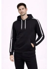 Erkek Şeritli Kapüşonlu Sweatshirt Oversize 3 Iplik Pamuklu - Siyah
