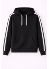 Erkek Şeritli Kapüşonlu Sweatshirt Oversize 3 Iplik Pamuklu - Siyah
