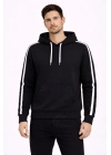 Erkek Şeritli Kapüşonlu Sweatshirt Oversize 3 Iplik Pamuklu - Siyah