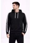 Erkek Şeritli Kapüşonlu Sweatshirt Oversize 3 Iplik Pamuklu - Siyah