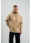 Erkek Şimşek Baskılı Kapşonlu Sweatshirt Üç İplik Pamuklu Kanguru Cepli Double Oversize Hoodie - Bej