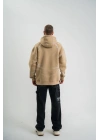 Erkek Şimşek Baskılı Kapşonlu Sweatshirt Üç İplik Pamuklu Kanguru Cepli Double Oversize Hoodie - Bej