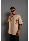 Erkek Sırt Baskılı A Kalite Oversize T-shirt - Bej
