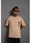 Erkek Sırt Baskılı A Kalite Oversize T-shirt - Bej