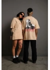 Erkek Sırt Baskılı Oversize T-shirt - Bej