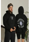 Erkek Sırt Baskılı Oversize Üç İplik Kapüşonlu Hoodie Sweatshirt - Siyah
