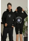 Erkek Sırt Baskılı Oversize Üç İplik Kapüşonlu Hoodie Sweatshirt - Siyah