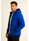 Erkek Şişme Kapüşonlu Fermuarlı Mont Su Itici Kapitone Astarlı Kumaş Cepli Kışlık Rahat Kalıp - Saks Mavisi