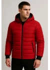 Erkek Şişme Kapüşonlu Fermuarlı Mont Su Itici Kapitone Astarlı Kumaş Cepli Kışlık Rahat Kalıp - Kırmızı