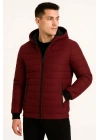 Erkek Şişme Kapüşonlu Fermuarlı Mont Su Itici Kapitone Astarlı Kumaş Cepli Kışlık Rahat Kalıp - Bordo