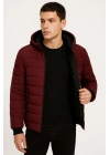 Erkek Şişme Kapüşonlu Fermuarlı Mont Su Itici Kapitone Astarlı Kumaş Cepli Kışlık Rahat Kalıp - Bordo