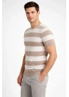Erkek T-shirt Çizgili Triko Dokuma Bisiklet Yaka Tişört - Bej