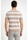 Erkek T-shirt Çizgili Triko Dokuma Bisiklet Yaka Tişört - Bej