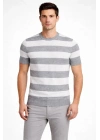 Erkek T-shirt Çizgili Triko Dokuma Bisiklet Yaka Tişört - Gri