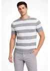Erkek T-shirt Çizgili Triko Dokuma Bisiklet Yaka Tişört - Gri