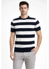 Erkek T-shirt Çizgili Triko Dokuma Bisiklet Yaka Tişört  - Siyah