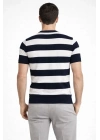 Erkek T-shirt Çizgili Triko Dokuma Bisiklet Yaka Tişört  - Siyah