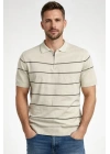 Erkek T-shirt Çizgili Triko Dokuma Kumaş Polo Yaka Yarım Fermuarlı Regular Kalıp Tişört - Bej